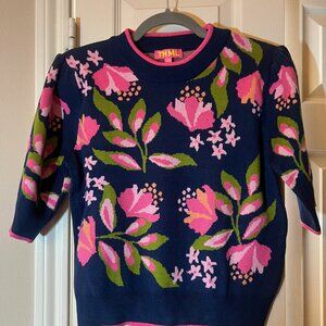 Women's THML Floral Knit Sweater Top - Navy & Pink Short Sleeve Pullover Medium